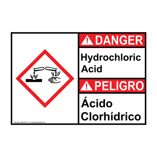 English + Spanish ANSI DANGER Hydrochloric Acid - Ácido Clorhídrico Sign with GHS Symbol ADB-27871