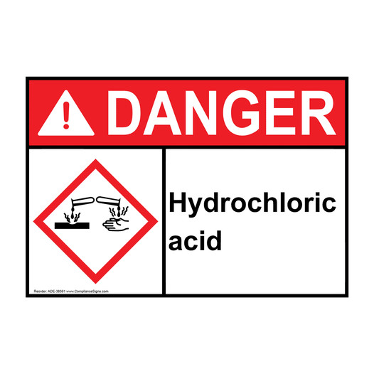 ANSI DANGER Hydrochloric acid Sign with GHS Symbol ADE-38591