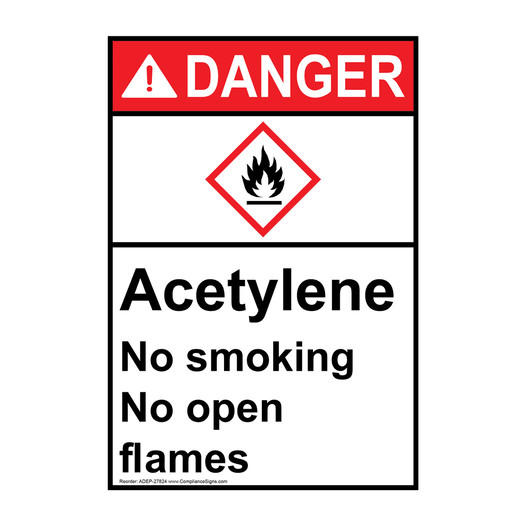 Portrait ANSI DANGER Acetylene No Smoking No Open Flames Sign with GHS Symbol ADEP-27824