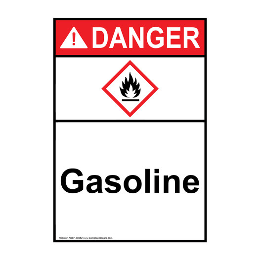 Portrait ANSI DANGER Gasoline Sign with GHS Symbol ADEP-38582