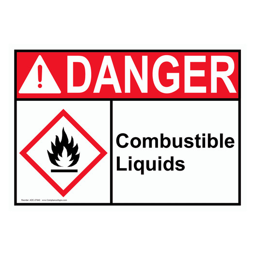 ANSI DANGER Combustible Liquids Sign with GHS Symbol ADE-27840