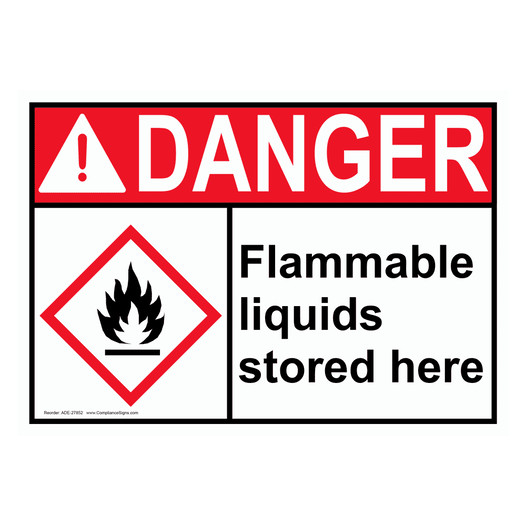 ANSI DANGER Flammable liquids stored here Sign with GHS Symbol ADE-27852