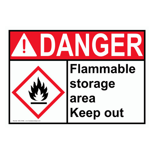 ANSI DANGER Flammable storage area Keep out Sign with GHS Symbol ADE-27856