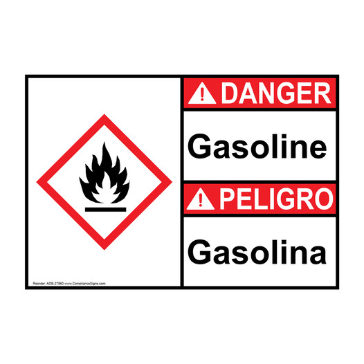 English + Spanish ANSI DANGER Gasoline - Gasolina Sign with GHS Symbol ADB-27860