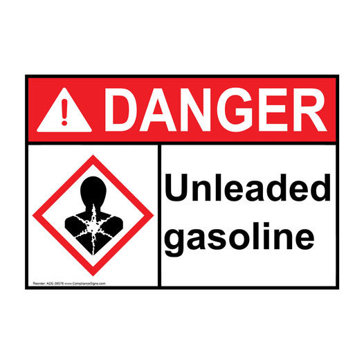 ANSI DANGER Unleaded gasoline Sign with GHS Symbol ADE-38576