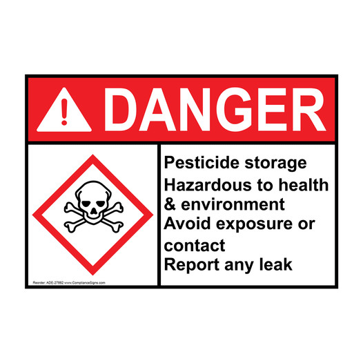 ANSI DANGER Pesticide storage Avoid exposure Sign with GHS Symbol ADE-27882