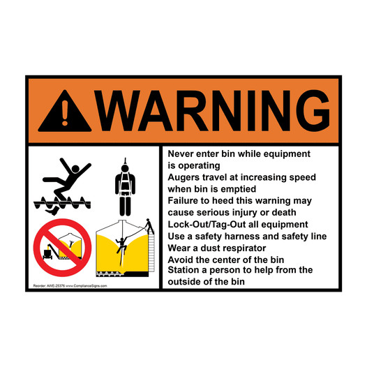 ANSI WARNING Never enter bin while equipment is operating Sign with Symbol AWE-25376