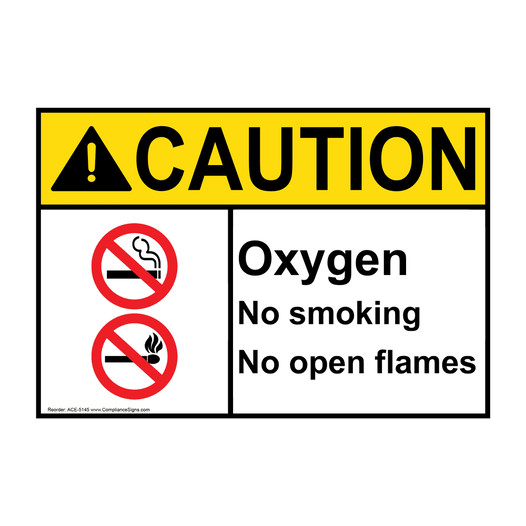 ANSI CAUTION Oxygen No smoking No open flames Sign with Symbol ACE-5145
