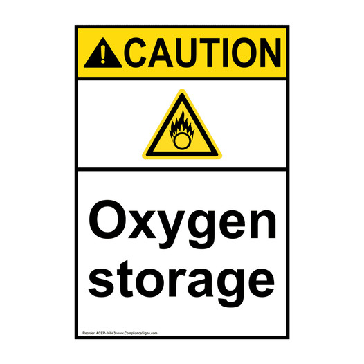 Portrait ANSI CAUTION Oxygen Storage Sign with Symbol ACEP-16843