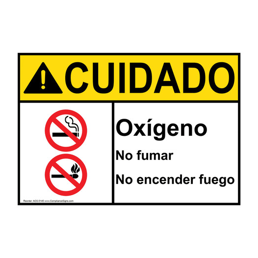 Spanish ANSI CAUTION Oxygen No Smoking No Open Flames Sign With Symbol ACS-5145