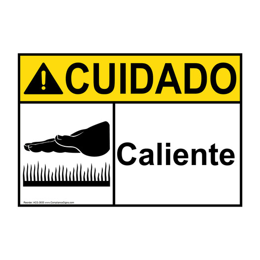 Spanish ANSI CAUTION Hot Sign With Symbol ACS-3835
