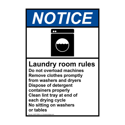 Vertical Laundry Room Rules Sign - ANSI Notice - Policies / Regulations