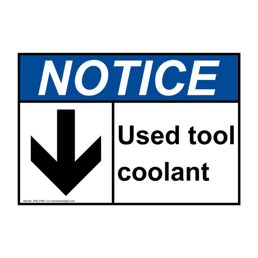 ANSI NOTICE Used tool coolant [with down arrow] Sign with Symbol ANE-31861