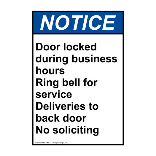 Portrait ANSI NOTICE Door locked during business hours Sign ANEP-31801