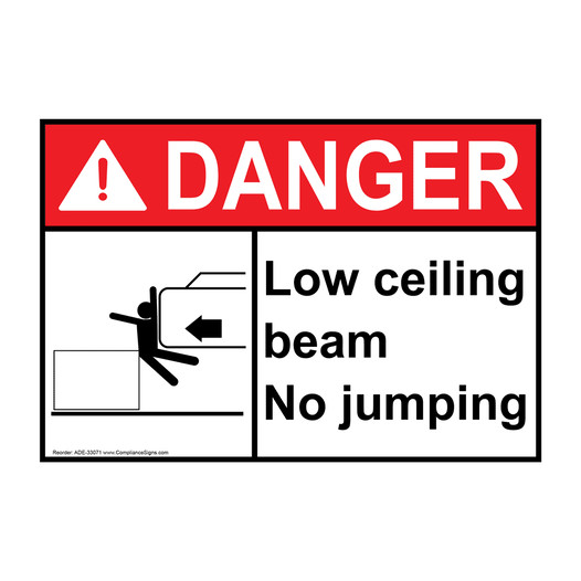 ANSI DANGER Low ceiling beam No jumping Sign with Symbol ADE-33071