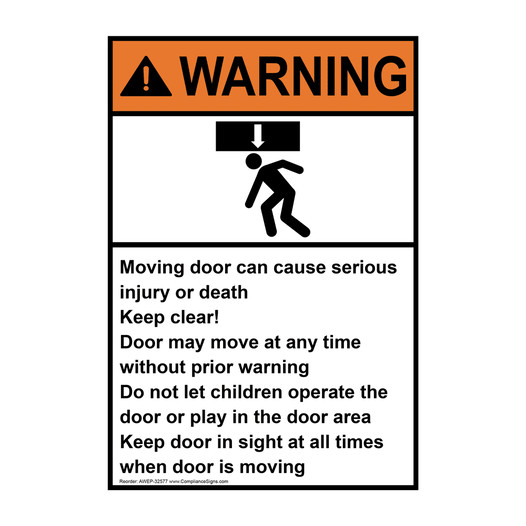 Portrait ANSI WARNING Moving door can cause Sign with Symbol AWEP-32577