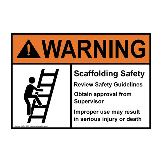 ANSI WARNING Scaffolding Safety Review Safety Guidelines Sign with Symbol AWE-8192-R