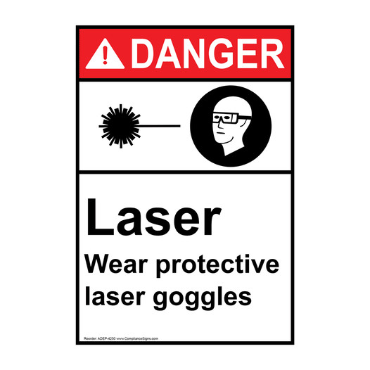 Portrait ANSI DANGER Laser Wear protective laser goggles Sign with Symbol ADEP-4250