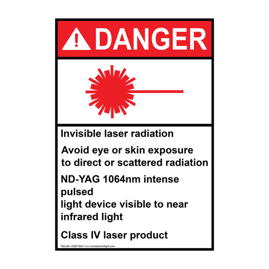 Portrait ANSI DANGER Invisible Laser Radiation Avoid Exposure Sign with Symbol ADEP-8201