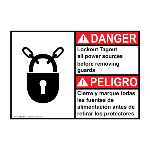 English + Spanish ANSI DANGER Lockout Tagout all power sources Sign With Symbol ADB-4315