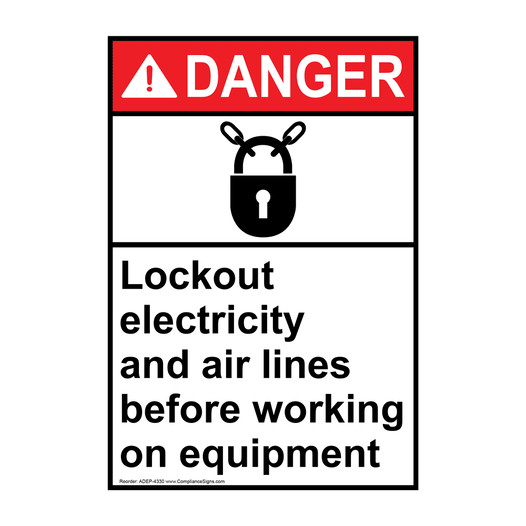 Portrait ANSI DANGER Lockout Electricity And Air Lines Sign with Symbol ADEP-4330