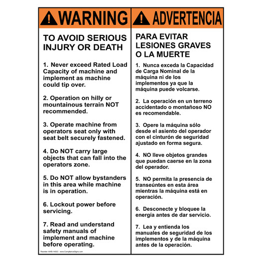 English + Spanish ANSI WARNING TO AVOID SERIOUS INJURY OR DEATH Sign AWB-14503
