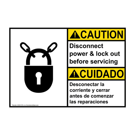 English + Spanish ANSI CAUTION Disconnect Power & Lock Out Sign With Symbol ACB-2125