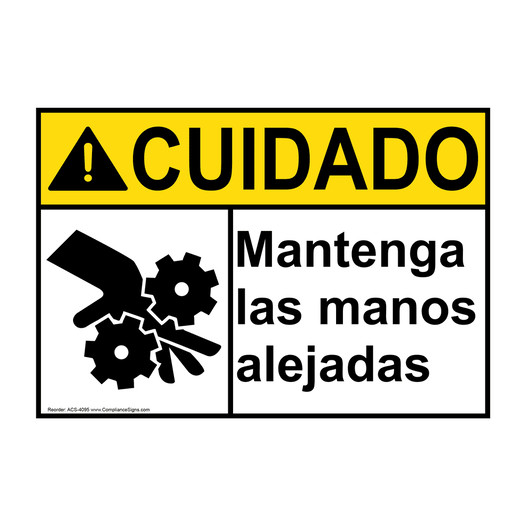 Spanish ANSI CAUTION Keep Hands Clear Sign With Symbol ACS-4095