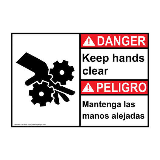 English + Spanish ANSI DANGER Keep Hands Clear Sign With Symbol ADB-4095