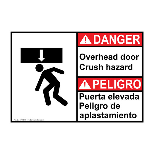 English + Spanish ANSI DANGER Overhead Door Crush Hazard Sign With Symbol ADB-9488