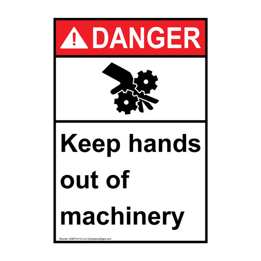 Portrait ANSI DANGER Keep Hands Out Of Machinery Sign with Symbol ADEP-4110