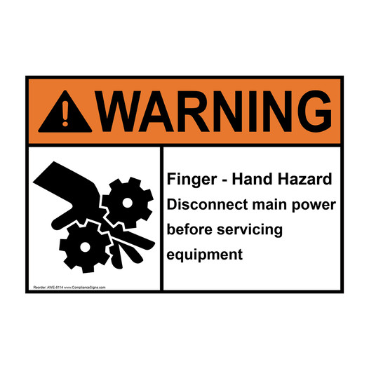 ANSI WARNING Finger - Hand Hazard Disconnect main power Sign with Symbol AWE-8114