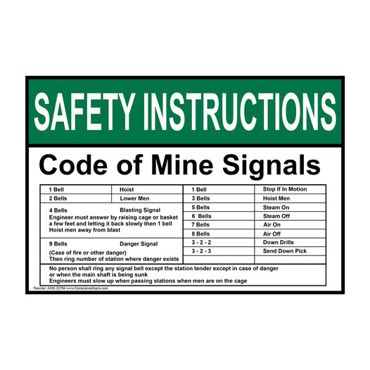 ANSI SAFETY INSTRUCTIONS Code of Mine Signals Sign ASIE-32794