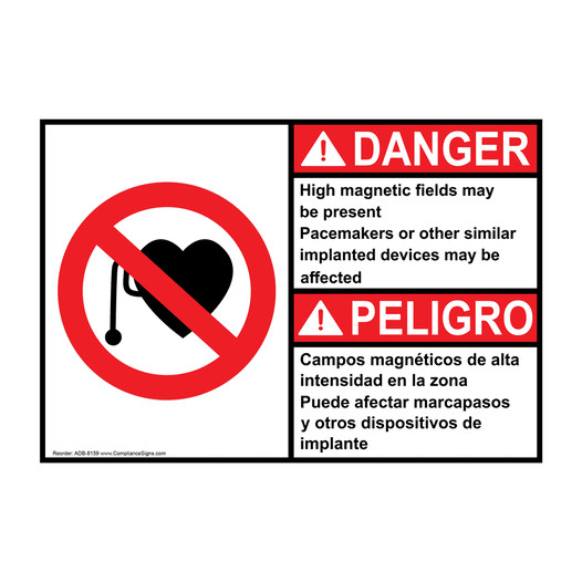 English + Spanish ANSI DANGER High magnetic fields may be present Pacemakers Sign With Symbol ADB-8159