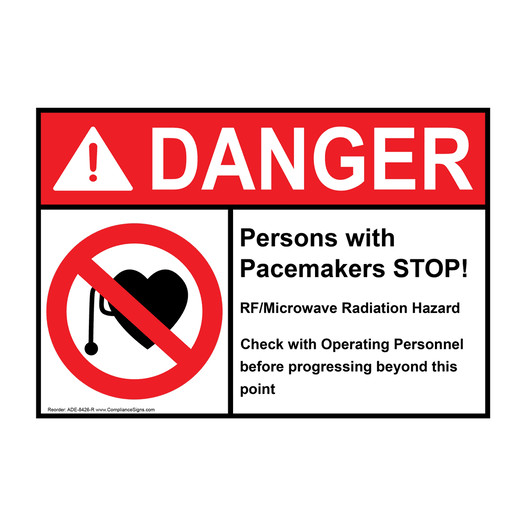 ANSI DANGER Persons with Pacemakers STOP! RF/Microwave Radiation Hazard Sign with Symbol ADE-8426-R