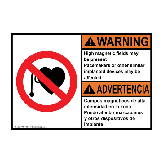 English + Spanish ANSI WARNING High magnetic fields may be present Pacemakers Sign With Symbol AWB-8159