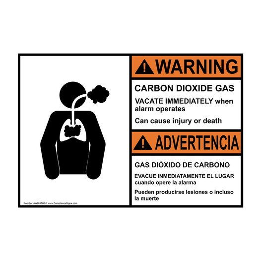 English + Spanish ANSI WARNING CARBON DIOXIDE GAS VACATE IMMEDIATELY when alarm Sign With Symbol AWB-9780-R