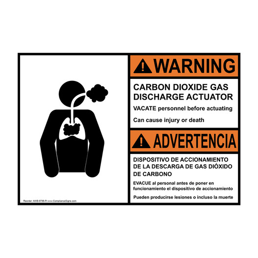 English + Spanish ANSI WARNING CARBON DIOXIDE GAS DISCHARGE ACTUATOR Sign With Symbol AWB-9788-R