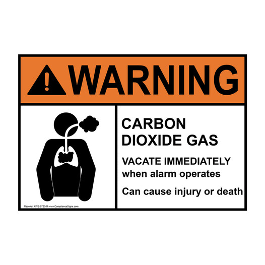 ANSI WARNING CARBON DIOXIDE GAS VACATE IMMEDIATELY when alarm operates Sign with Symbol AWE-9780-R