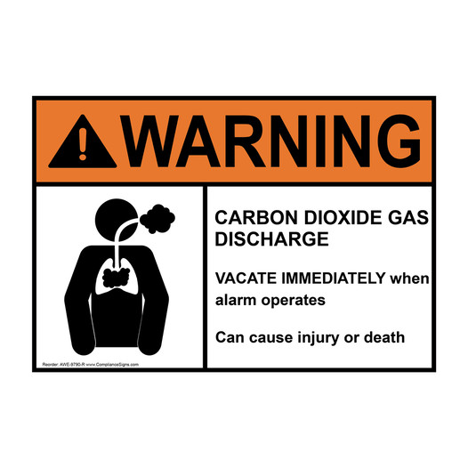 ANSI WARNING CARBON DIOXIDE GAS DISCHARGE VACATE IMMEDIATELY Sign with Symbol AWE-9790-R