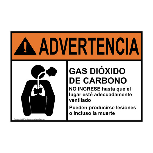 Spanish ANSI WARNING Carbon Dioxide Gas Do Not Enter Sign With Symbol AWS-9782-R