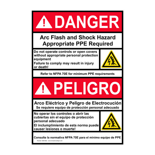 English + SpanishANSI NFPA 70E DANGER Arc Flash and Shock Hazard Appropriate PPE Required Sign With Symbol ADB-9622