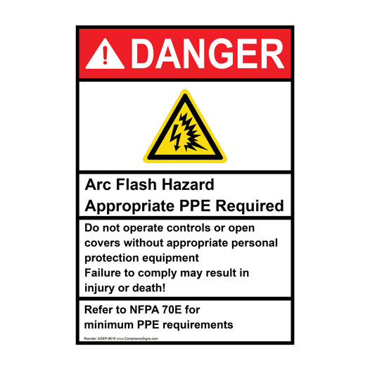 Portrait ANSI NFPA 70E DANGER Arc Flash Hazard PPE Required Sign with Symbol ADEP-9619