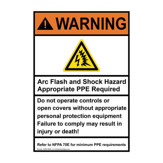 Portrait ANSI NFPA 70E WARNING Arc Flash And Shock Hazard PPE Required Sign with Symbol AWEP-9622