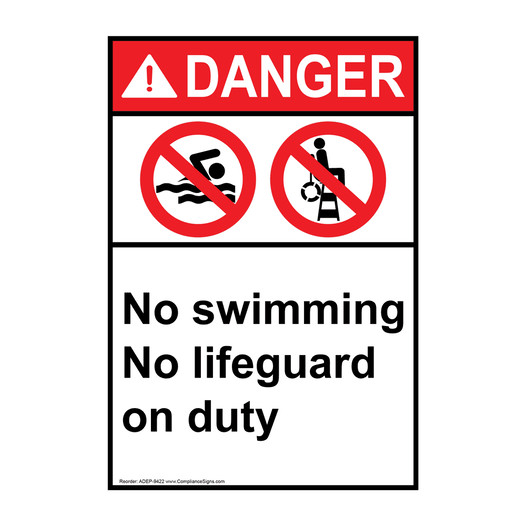 Portrait ANSI DANGER No swimming No lifeguard on duty Sign with Symbol ADEP-9422