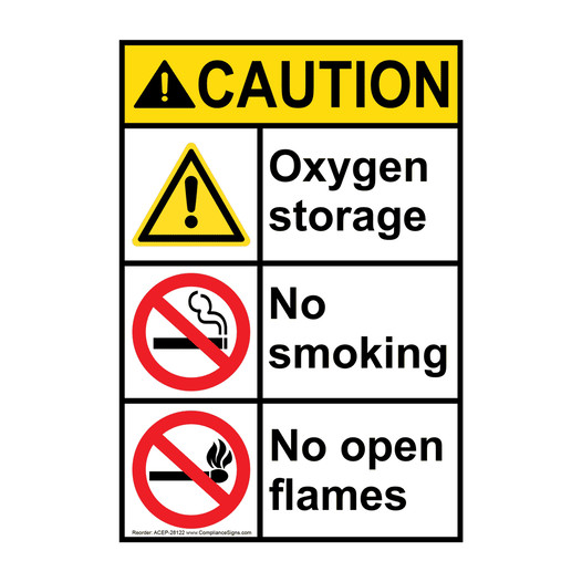 Portrait ANSI CAUTION Oxygen storage No Smoking No open flames Sign with Symbol ACEP-28122