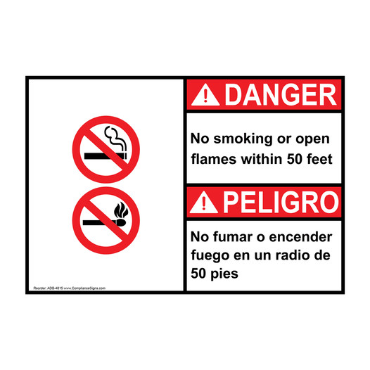 English + Spanish ANSI DANGER No Smoking Or Open Flames 50 Feet Sign With Symbol ADB-4815