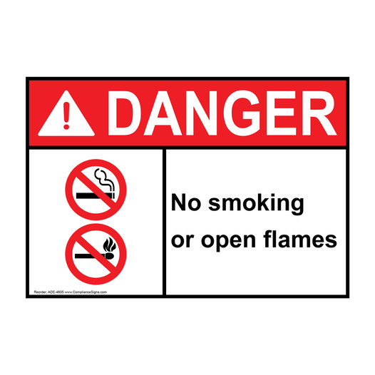ANSI DANGER No Smoking Or Open Flames Sign with Symbol ADE-4805