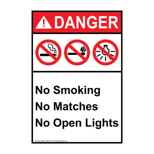 Portrait ANSI DANGER No Smoking No Matches No Open Lights Sign with Symbol ADEP-4795-R