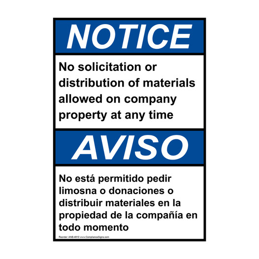 English + Spanish ANSI NOTICE No solicitation or distribution of materials Sign ANB-4910